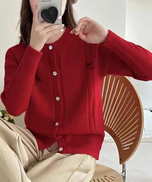 リボンワンポイントニットカーディガン秋冬 レディース パール調ボタン ニットトップス 長袖 ニットアウター クルーネック セーター 韓国風 ベーシック ニット羽織 2HUANYI-001